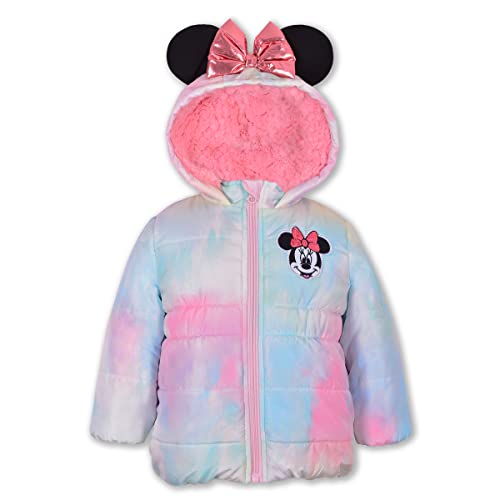 Disney Minnie Mouse Puffer Jacket for Girls, Zip Up Hooded Jacket with 3D Ears, Tie Dye, Size 3T