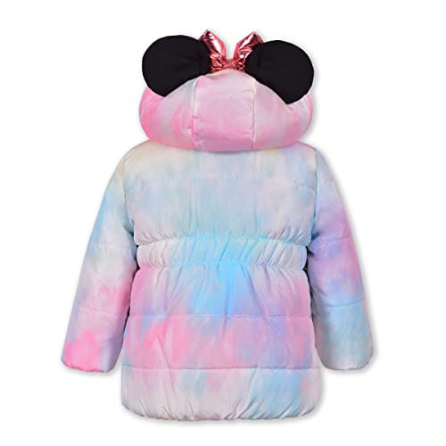 Disney Minnie Mouse Puffer Jacket for Girls, Zip Up Hooded Jacket with 3D Ears, Tie Dye, Size 3T