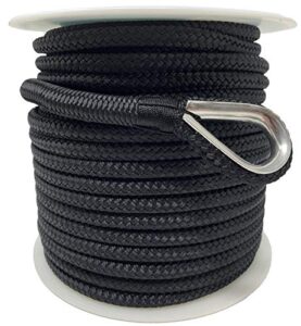 rainier supply co. boat anchor line - 100 ft x 1/2 inch anchor rope - double braided nylon anchor boat rope with 316ss thimble and heavy duty marine grade snap hook - black
