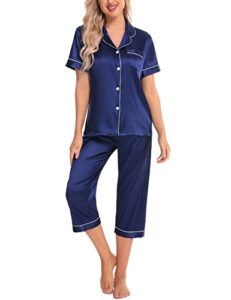 swomog satin pajama set women silk pjs set short sleeve 2 piece button down sleepwear lounge sets navy blue