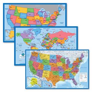 3 pack - world map & usa map for kids + blue ocean world map - 3 poster set (laminated, 18" x 29")