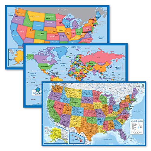 3 Pack - World Map & USA Map for Kids + Blue Ocean World Map - 3 Poster Set (Laminated, 18" x 29")