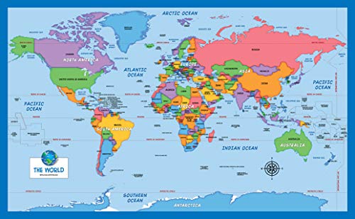 3 Pack - World Map & USA Map for Kids + Blue Ocean World Map - 3 Poster Set (Laminated, 18" x 29")