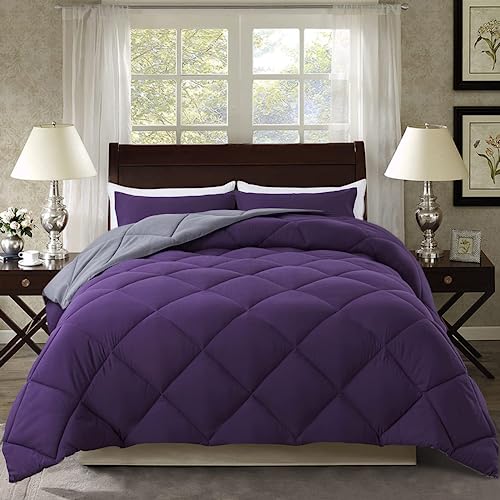 ELNIDO QUEEN 3 Pieces Comforter Set (Cal-King, Purple & Grey) - 1 Reversible Down Alternative Comforter with 2 Pillow Shams - Soft Lightweight Duvet Insert | 104x96 inch