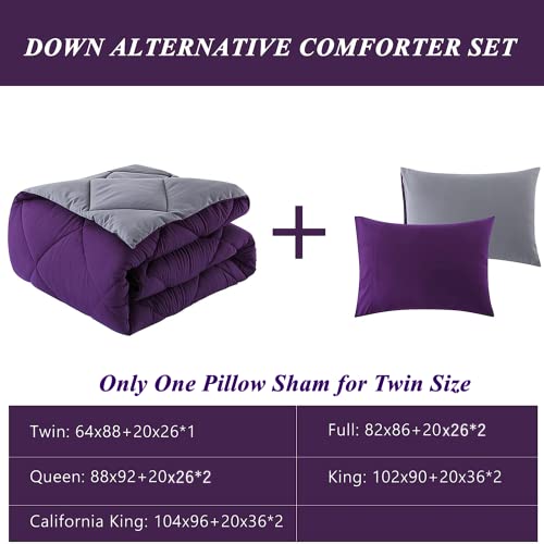 ELNIDO QUEEN 3 Pieces Comforter Set (Cal-King, Purple & Grey) - 1 Reversible Down Alternative Comforter with 2 Pillow Shams - Soft Lightweight Duvet Insert | 104x96 inch