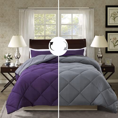 ELNIDO QUEEN 3 Pieces Comforter Set (Cal-King, Purple & Grey) - 1 Reversible Down Alternative Comforter with 2 Pillow Shams - Soft Lightweight Duvet Insert | 104x96 inch