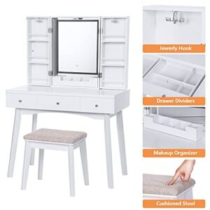 BEWISHOME Vanity Desk with Lighted Mirror, Makeup Vanity with Lights, White Vanity Set with 3 Color Lighting Modes Adjustable Brightness, Makeup Cabinet 3 Drawers Dressing Table for Women FST12W