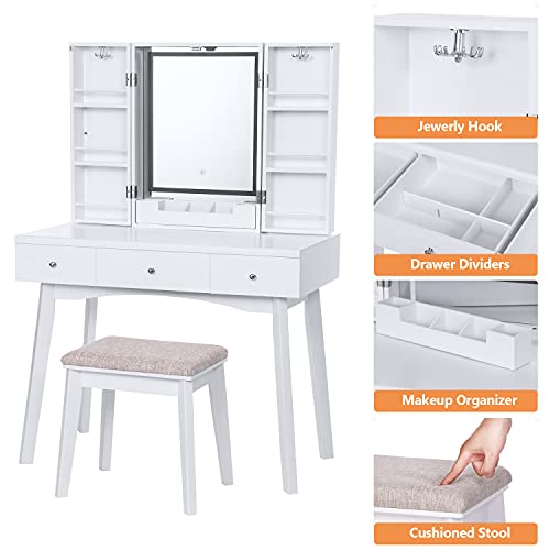 BEWISHOME Vanity Desk with Lighted Mirror, Makeup Vanity with Lights, White Vanity Set with 3 Color Lighting Modes Adjustable Brightness, Makeup Cabinet 3 Drawers Dressing Table for Women FST12W