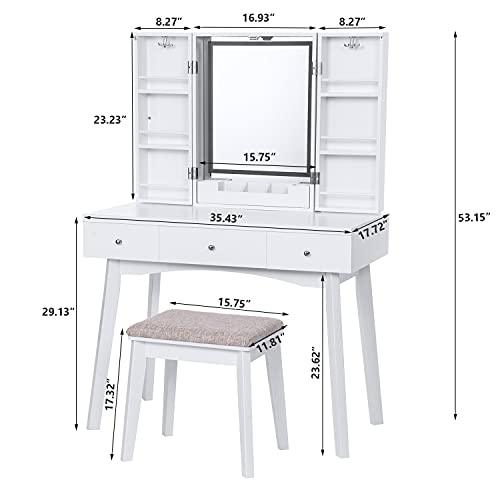 BEWISHOME Vanity Desk with Lighted Mirror, Makeup Vanity with Lights, White Vanity Set with 3 Color Lighting Modes Adjustable Brightness, Makeup Cabinet 3 Drawers Dressing Table for Women FST12W