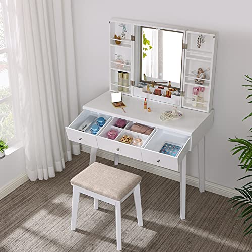 BEWISHOME Vanity Desk with Lighted Mirror, Makeup Vanity with Lights, White Vanity Set with 3 Color Lighting Modes Adjustable Brightness, Makeup Cabinet 3 Drawers Dressing Table for Women FST12W