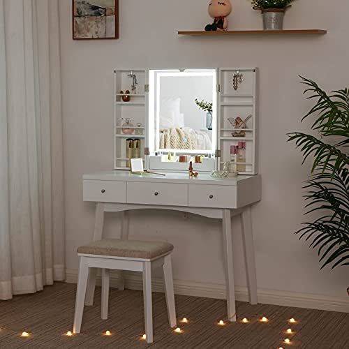 BEWISHOME Vanity Desk with Lighted Mirror, Makeup Vanity with Lights, White Vanity Set with 3 Color Lighting Modes Adjustable Brightness, Makeup Cabinet 3 Drawers Dressing Table for Women FST12W