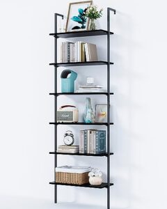 odk 6-tier ladder shelf, 87 inches wall mounted ladder bookshelf with metal frame, open industrial shelves for home office, bedroom and living room, black