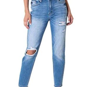 Kancan Women's High Rise Distressed Mom Jeans - KC9198L (Medium Wash, 13/30)