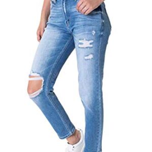 Kancan Women's High Rise Distressed Mom Jeans - KC9198L (Medium Wash, 13/30)