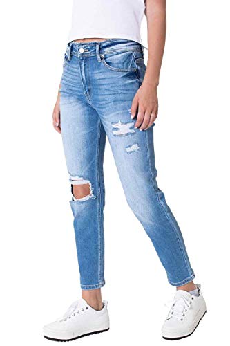 Kancan Women's High Rise Distressed Mom Jeans - KC9198L (Medium Wash, 13/30)