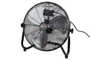 k tool international 77721; 18” floor fan; commercial, residential, and industrial use, 3 speed high velocity motor, multiple angle tilt for various positions, 2,447 max cfm, 1 year warranty, black
