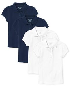 the children's place girls short sleeve ruffle pique polo shirt, tidal/white 4 pack, medium us