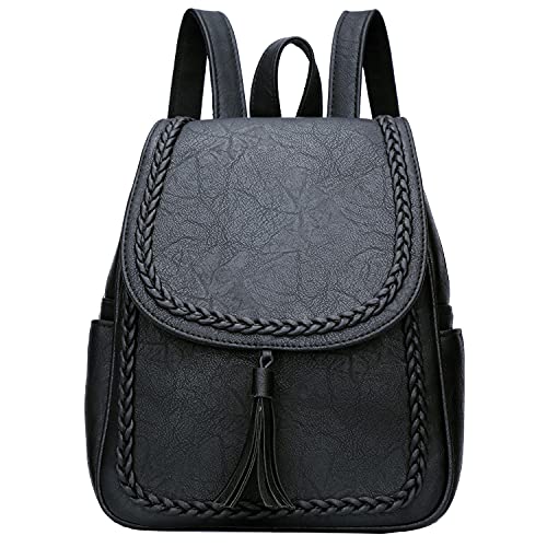 KKXIU Fashion Small Synthetic Leather Backpack Purse For Women and Ladies with Tassel (Black)