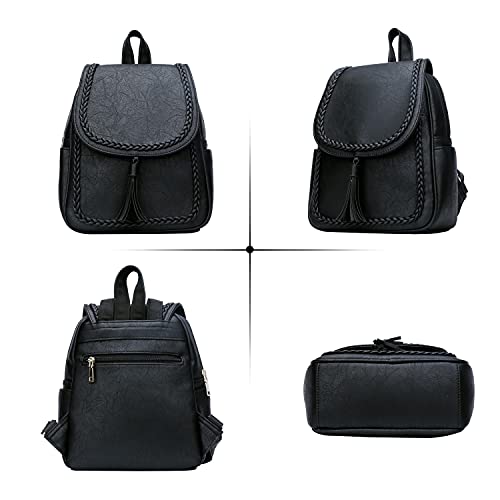 KKXIU Fashion Small Synthetic Leather Backpack Purse For Women and Ladies with Tassel (Black)