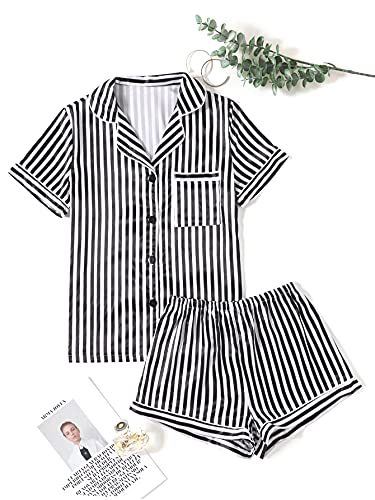 LYANER Women's Striped Silky Satin Pajamas Short Sleeve Top with Shorts Sleepwear PJ Set Black Small