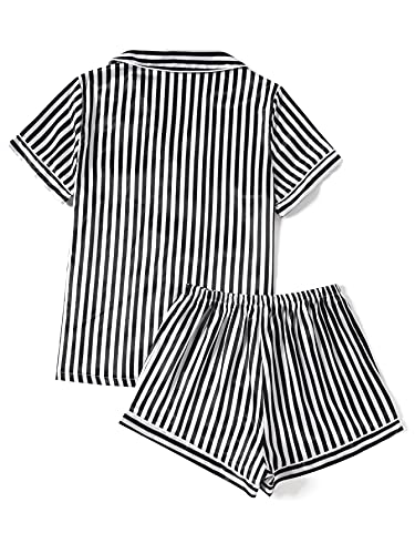 LYANER Women's Striped Silky Satin Pajamas Short Sleeve Top with Shorts Sleepwear PJ Set Black Small