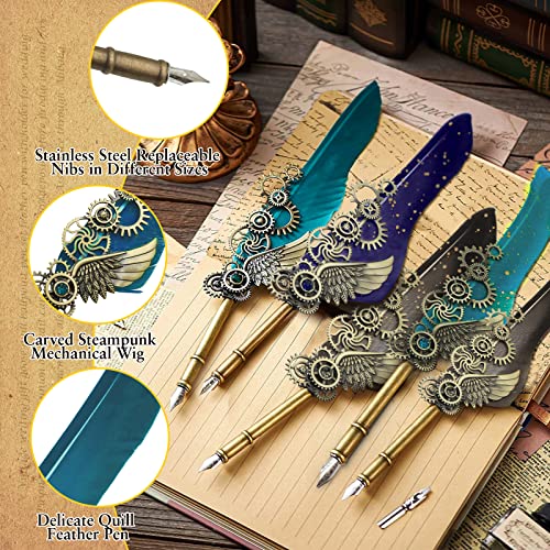 Jubapoz Feather Pen Calligraphy Pen and Ink Set Antique Quill Pen Refillable Ink Dip Pens for Writing, Drawing, Signature, Wedding, Birthday Gifts, Retro Decoration (Green)