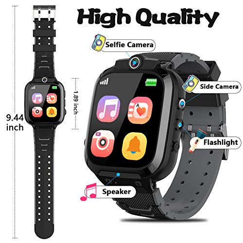 Kids Game Smart Watch for Boys Girls with 1.44" HD Touch Screen 24 Puzzle Games Music Player Dual Camera Video Recording 12/24 hr Pedometer Alarm Clock Calculator Flashlight Birthday Toys (Black)