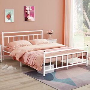 GreenForest Queen Size Bed Frame with Headboard Metal Platform Bed Heavy Duty No Noise Steel Slats Support Mattress Foundation, No Box Spring Needed, White