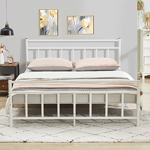 GreenForest Queen Size Bed Frame with Headboard Metal Platform Bed Heavy Duty No Noise Steel Slats Support Mattress Foundation, No Box Spring Needed, White