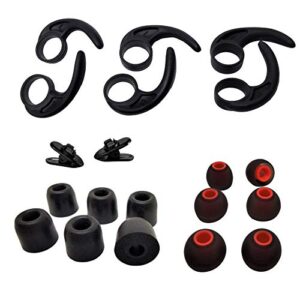 earbud kits 3 pairs (m) earhooks universal ear fins,3 pairs m memory foam earbud tips, 3 pairs (sml) eartips silicone replacement earbuds tips, 2 pcs cord clips for sport earbuds