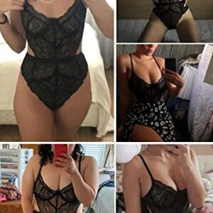 Aranmei Women Sexy Lingerie Bodysuit Lace Teddy Snap Crotch V Neck One Piece Babydoll Underwire(Black Small)