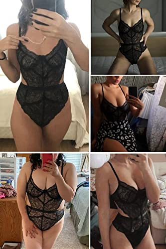 Aranmei Women Sexy Lingerie Bodysuit Lace Teddy Snap Crotch V Neck One Piece Babydoll Underwire(Black Small)