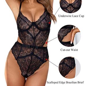 Aranmei Women Sexy Lingerie Bodysuit Lace Teddy Snap Crotch V Neck One Piece Babydoll Underwire(Black Small)