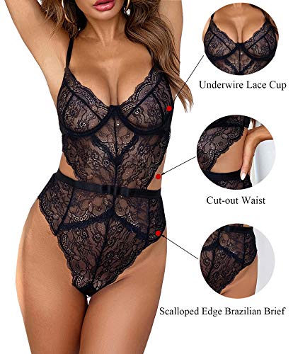 Aranmei Women Sexy Lingerie Bodysuit Lace Teddy Snap Crotch V Neck One Piece Babydoll Underwire(Black Small)