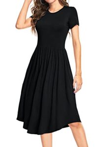 yundai women summer pockets modest teacher casual flowy midi knee length dress x-large, plain black