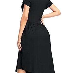 YUNDAI Women Summer Pockets Modest Teacher Casual Flowy Midi Knee Length Dress X-Large, Plain Black