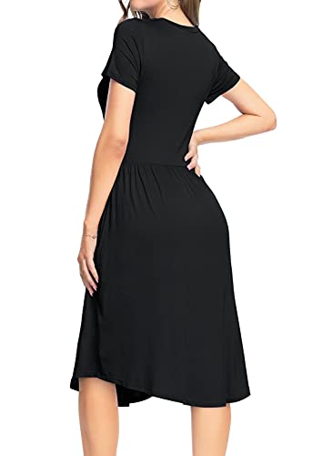 YUNDAI Women Summer Pockets Modest Teacher Casual Flowy Midi Knee Length Dress X-Large, Plain Black