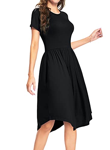 YUNDAI Women Summer Pockets Modest Teacher Casual Flowy Midi Knee Length Dress X-Large, Plain Black