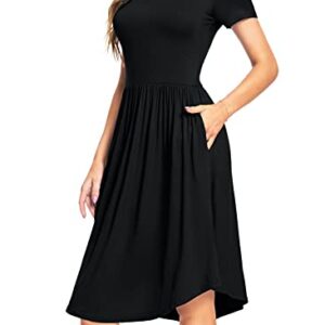 YUNDAI Women Summer Pockets Modest Teacher Casual Flowy Midi Knee Length Dress X-Large, Plain Black