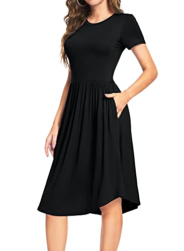 YUNDAI Women Summer Pockets Modest Teacher Casual Flowy Midi Knee Length Dress X-Large, Plain Black