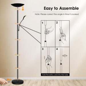 BoostArea Floor Lamp, LED 20W/2000LM Bright Torchiere Floor Lamp with 5W Adjustable Reading Lamp, Stepless Dimmable Standing Lamp, 2 Rotary Switch, Modern Floor Lamps for Living Room, Bedroom, Office
