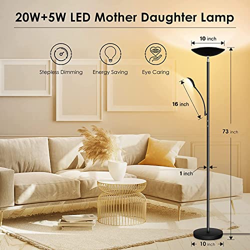 BoostArea Floor Lamp, LED 20W/2000LM Bright Torchiere Floor Lamp with 5W Adjustable Reading Lamp, Stepless Dimmable Standing Lamp, 2 Rotary Switch, Modern Floor Lamps for Living Room, Bedroom, Office