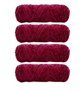4 skeins chenille yarn, blanket yarn for knitting chenille velvet fancy yarn for crochet weaving diy craft total length 4×180m (4×190yds, 4×100g) (purplish red)