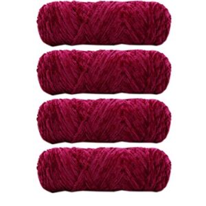 4 Skeins Chenille Yarn, Blanket Yarn for Knitting Chenille Velvet Fancy Yarn for Crochet Weaving DIY Craft Total Length 4×180m (4×190yds, 4×100g) (Purplish Red)