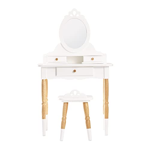 Le Toy Van - Wooden Vanity Table with Vanity Mirror and Vanity Chair - Bedroom Furniture - Victorian Style Oval Dressing Table Mirror - Desk with Drawers and Vanity Stool - Kids Aged 3 Years +