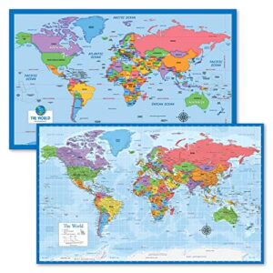 2 pack - world map for kids + blue ocean world map (laminated, 18" x 29")