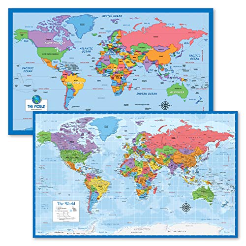 2 Pack - World Map for Kids + Blue Ocean World Map (Laminated, 18" x 29")