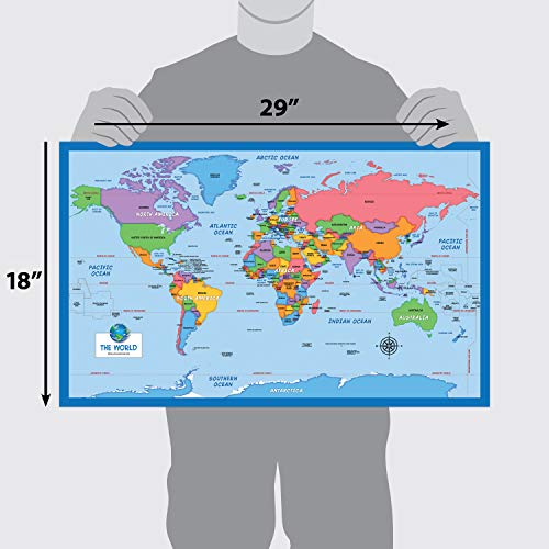 2 Pack - World Map for Kids + Blue Ocean World Map (Laminated, 18" x 29")