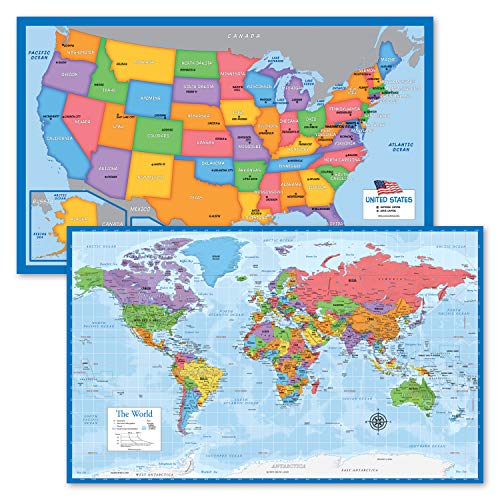 2 Pack - USA Map for Kids + Blue Ocean World Map (Laminated, 18" x 29")