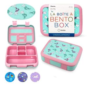 kinsho bento lunch box for kids toddlers, 5 portion control sections, bpa free removable plastic tray, pre-school kid toddler daycare lunches, snack container ages 3 to 7 (aqua cat mermaid)